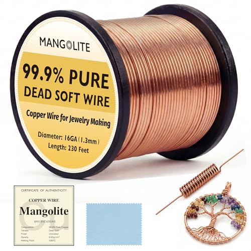 16 Gauge/1.3mm Copper Wire 2 Pound Spool – 230 feet 99.9% Pure Dead Soft Bare Wire with Polishing Cloth & COA for Wire Wrapped Trees, Jewelry Making, Electroculture Gauge rdening & Crafting - size: 16 Gauge, style: 2 Pound