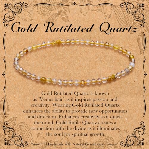 BONNY BOXX Natural Genuine Gemstone Faceted Round Beads Bracelets, 3mm Adjustable Stretchy Tiny Faceted Black Tourmaline Bracelet, Healing Crystal Reiki Chakra Dainty Jewelry Fashion Gifts - color: Gold Rutilated Quartz