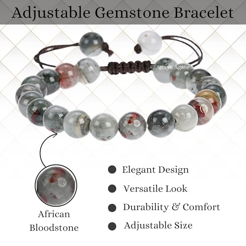 ANAYA AGATE Energy Protection Crystal Handmade Adjustable Bead Bracelet Perfect for Men, Women’s Christmas Gift - Gemstone Healing Stretch Bracelet Pulsera Para Hombre Mujer Stocking Stuffer - color: African Bloodstone