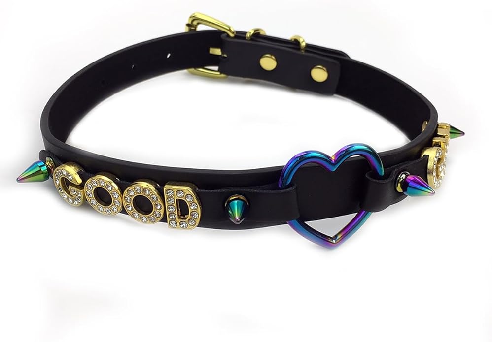 Succuba Handmade Heart Ring Rhinestone Letter Pu Leather Choker Collar Necklace for Women and Men