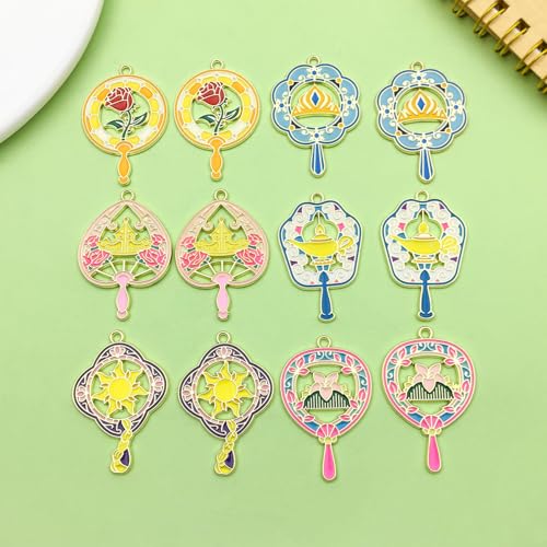 Sailanzi 12pcs Alloy enamel fan style rose sun Pendant Jewelry Making DIY Keychain Earrings Pendant Various Design Charms for Jewelry Making Bracelets Necklace (SN732) - color: SN732