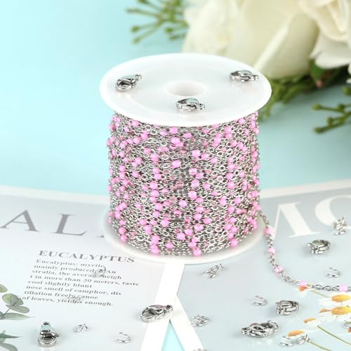 UMAOKANG 10 Meters Stainless Steel Chain for Jewelry Making Pink Enamel Beaded Chains Bulk Women Necklace Bracelet DIY Jewelry Findings - color: Pink Bead-Steel