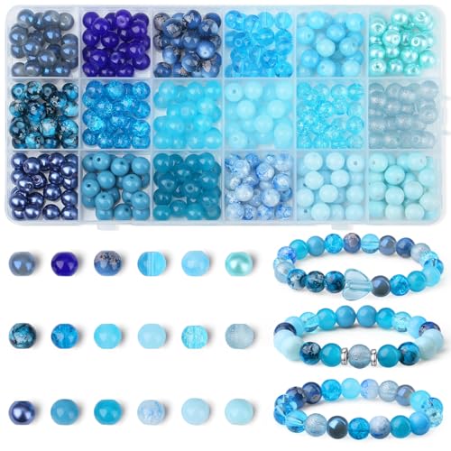 DUQGUHO 8mm Blue Beads for Jewelry Making Blue Glass Beads for Crafts Round Bead Bracelet Kit 360PCS - color: 7-Blue