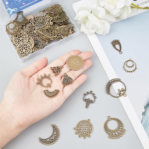 SUNNYCLUE 1 Box 64Pcs 16 Style Chandelier Connector Charms Component Connector Charm Tibetan Style Bronze Filigree Charms Findings Loops for Jewelry Making Earring Drop Women Adults DIY Crafts - color: 64pcs 16 Style Antique Bronze