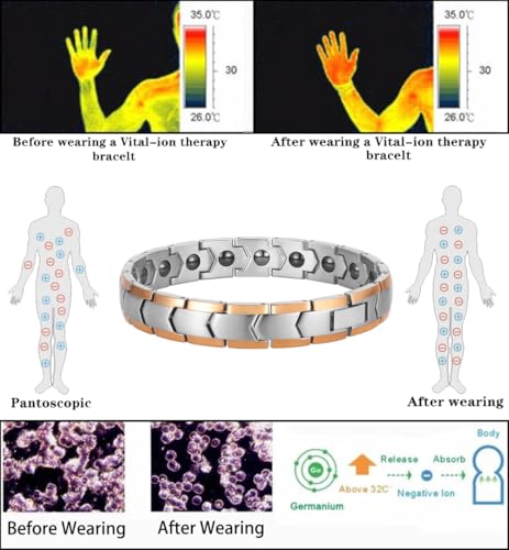 Magnetic Hematite Bracelets for Men Women 316L Stainless Steel Power Balance Energy Magnets Stones Bracelet Jewelry Gift with Adjustment Tool - color: Silver & Rose Gold