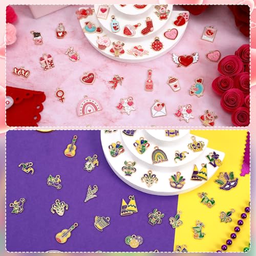 SANNIX 110Pcs/55 Pairs Valentine's Day Mardi Gras Charms, Assorted Gold Enamel Charms for Jewelry Making, Holiday Pendants for Bracelets Necklaces Earrings Keychains Craft Supplies - style: Valentines Mardi Gras