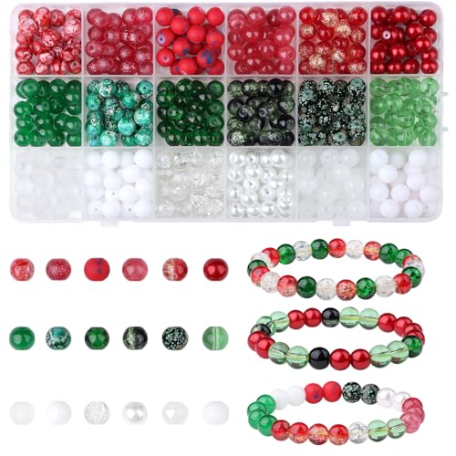 DUQGUHO Christmas Beads, Christmas Beads for Jewelry Making, 8mm Red Green White Round Glass Beads Kit 360PCS - color: 10-Red Green White