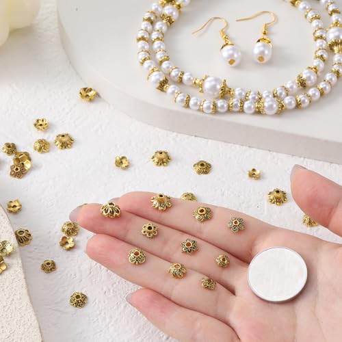 360 Pcs Bead Caps for Jewelry Making Bead Cap Findings Flower Gold Filigree Beads Cap Flower Spacer Beads Caps Metal Alloy Filigree Flowers Cup Gold Vintage Spacers for DIY Necklace Bracelet Earrings