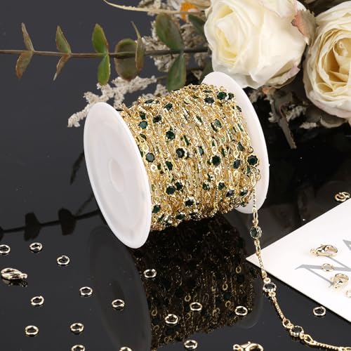 SMYHTGLIF 16.4 Feet Emeralds Glass Jewelry Making Chains Gold Plated Stick Chain DIY Chain with Lobster Clasps and Jump Rings for Jewelry Making - color: Green Gold