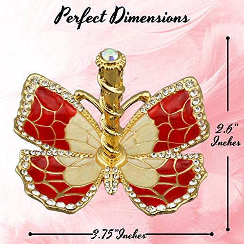 Matashi Red Enamel and Gold Plated Butterfly Jewelry Stand Organizer Ring Holder with Crystals – Gift for Mom on Christmas, Mother’s Day, Birthday, Anniversary, & Valentine’s Day - color: Red