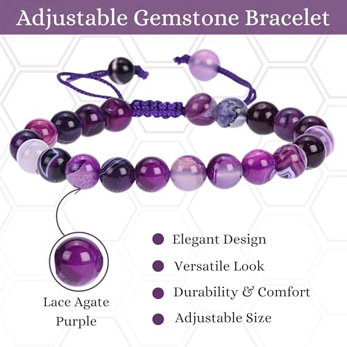 ANAYA AGATE Energy Protection Crystal Handmade Adjustable Bead Bracelet Perfect for Men, Women’s Christmas Gift - Gemstone Healing Stretch Bracelet Pulsera Para Hombre Mujer Stocking Stuffer - color: Lace Agate Purple