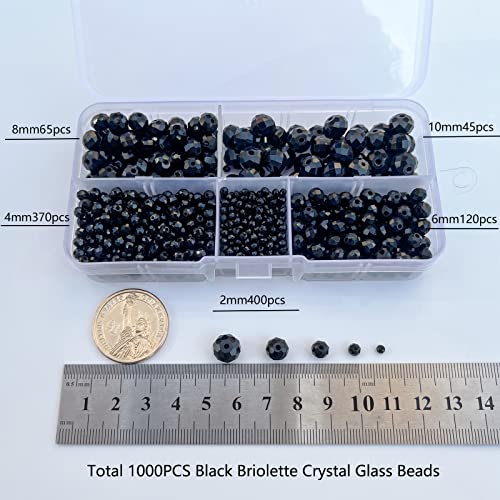1000pcs 2-10mm Black Rondelle Crystal Glass Beads Faceted Shape Briolette Glass Beads Round Spacer Beads for Bracelet Necklace Jewelry Making (2mm 4mm 6mm 8mm 10mm) - color: Black