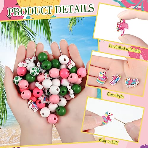 Tradder 200 Pcs Summer Flamingo Beach Beads Set Tropical Round Wood Charms with Swim Rings, Surfboards, Palm Leaves for DIY Jewelry, Pool Party Favors, Hawaiian Crafts & Home Decor - style: Flamingo