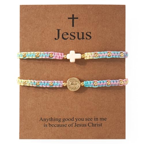 Christian Cross Jesus Pendant Charm Gold Rope String Beaded Bracelets Stack Set for Women,Handmade Bohemian Colorful Adjustable Jewelry,God Lucky Protection Friendship Gift - color: Colorful