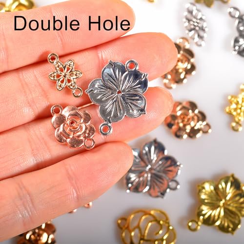 stino 100g Metal Pendant Charms for Jewelry Making, Bulk Silver & Gold Plated Charms for Braclet Necklace Crafts, Animal Plant Flower Pet and so on - color: Flower-2 Hole Mixed Color