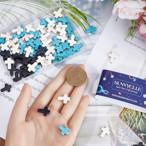 SUNNYCLUE 1 Box 90Pcs Cross Beads Bulk Black White Blue Synthetic Turquoise Pocket Crosses 16x12mm Mini Small Stone Cross Beads Easter Holiday Cross Loose Spacer Beads for Jewelry Making Beading Kits - color: 90pcs 12x16mm Black White Blue Cross Beads