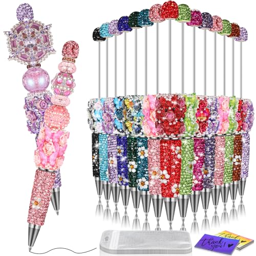 Tondiamo 45 Pcs Full Rhinestone Beadable Pens Bulk Set 15 Glitter Diamond Pens with Cards & Bags Fancy Beaded Pen for Beads DIY Cute Journalling Bling Ballpoint Craft Making(Rose Diamonds) - style: Rose Diamonds
