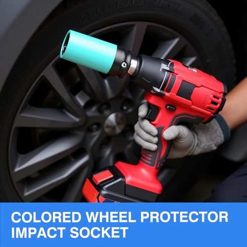 4PCS 1/2" Drive Wheel Protector Impact Socket, Non-Marring Lug Nut Deep Socket Set, CR-MO, 6 Point, Color-Coded Protective Socket | Metric 17 19 21 22 mm - size: 1/2" Protective Cover Sockets 4pcs