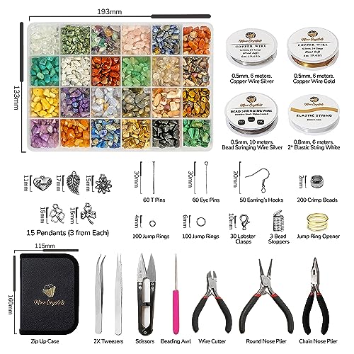 MineCrystals Jewelry Making Kit DIY Natural Crystal Chip Stones Beads Tools kit Jewelry Wires Findings Supplies Instruction Guide Gift Box for Adult Teens Craft Bracelet Earring Necklace