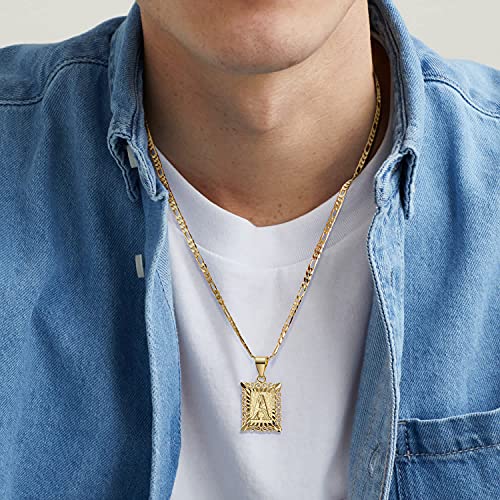 KissYan Initial Letter Pendant Necklace for Men Women, 14K Gold Plated Square Capital Monogram Necklace Alphabets from A-Z Figaro Chain Jewelry - color: 1-Gold, style: R