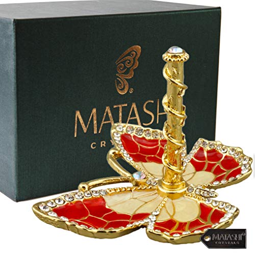 Matashi Red Enamel and Gold Plated Butterfly Jewelry Stand Organizer Ring Holder with Crystals – Gift for Mom on Christmas, Mother’s Day, Birthday, Anniversary, & Valentine’s Day - color: Red