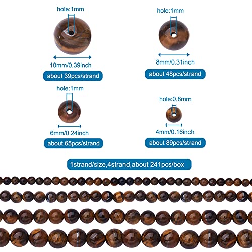 Craftdady 4 Strands Natural Round Tiger Eye Beads 4-10mm Polished Gemstone Chakra Energy Stone Loose Beads for DIY Bracelets Necklaces Earrings Jewelry Crafts, Total About 240pcs - color: Brown Tiger Eye