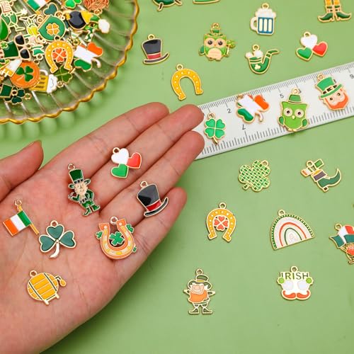 MARFOREVER 120 PCS St. Patrick's Day Charms, Green Shamrock Charms for Jewelry Making, Assorted Gold Enamel Irish Hat Coins Beer Gnome Charm Pendants for Bracelet Necklace Earrings Making Supplies - style: St Patricks Day