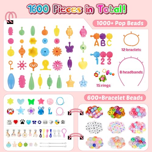 FUNZBO 1600 Pcs Pop Beads with Bracelet Making Kit, Jewelry Making Kit for Little Girls, Arts and Crafts Toys, Necklace Bracelet Ring Snap Set, Birthday Gifts for Kids Ages 3-9 Years Old - size: XX-Large