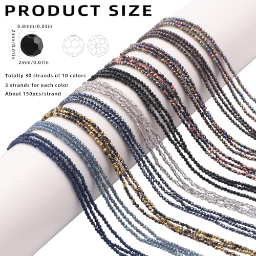 30 Strands 32 Faceted Glass Beads for Jewelry Making 4500pcs 2mm Miny Spacer Bead Round Small Craft Glass Beads for Bracelets Necklaces Earrings (Black Series) - color: Black