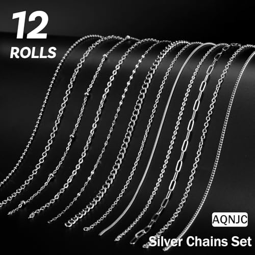 AQNJC Silver Chain for Jewelry Making, 98 Feet 12 Rolls Jewelry Chains with Silver Letter Charms for Women DIY Necklace Bracelet Making Supplies with Jump Rings, Lobster Clasps, Connectors - color: 12 Rolls Silver Necklace Chains with Silver Charms