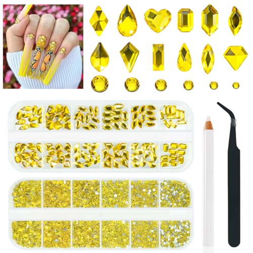 qiipii 2630Pcs Golden Yellow Nail Rhinestones 120 Multi Shapes Crystal Flatback Gems +2510 Round Beads Glass Stones Diamonds Jewels w Tweezer & Wax Pen for DIY Face Eye Mackup Clothes Shoes - color: Golden Yellow, size: A Set