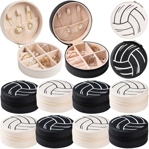 12-Pack White Black Volleyball Travel Jewelry Case Round Volleyball Stuff Portable Jewelry Organizer Storage Case for Team Athletes & Sports Enthusiasts Christmas Events & Milestones - style: B&W Mixed Volleyball