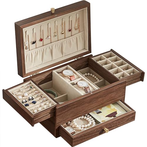 CHOSIN Black Walnut Wooden Jewelry Box for Women, 3 Level Multi-functional Drawer Organizer Box Watch Necklace Ring Earring Storage Mothers Day Gifts for Mom - style: No Mirror