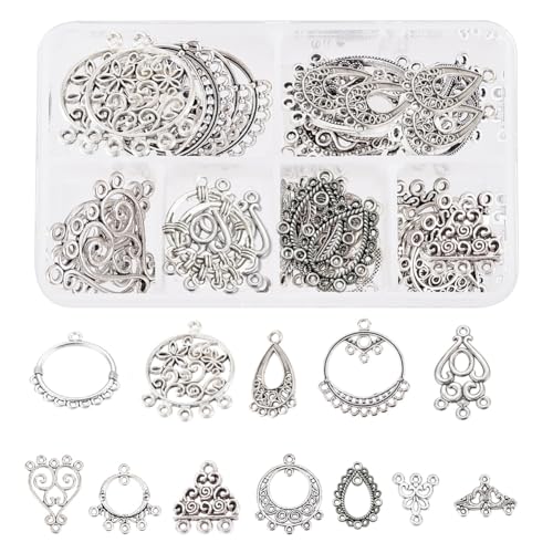 SUNNYCLUE 1 Box 48Pcs 12 Styles Chandelier Charms Earring Connectors Charm Filigree Components Links Findings Loops for Adults Beginners DIY Jewelry Vintage Hoop Earring Making, Antique Silver - color: 48pcs 12 Styles Silver Color