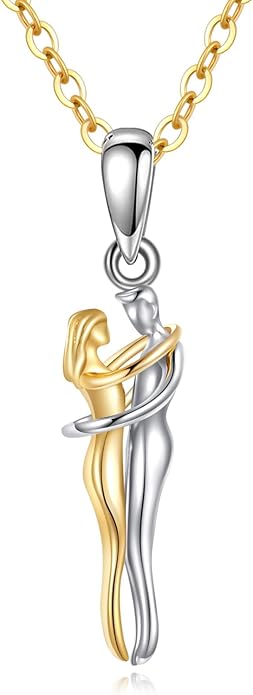 GEHN 18K Solid Gold Hug Couple Necklace 18K Yellow Gold Hugging Couple Pendant Anniversary Jewelry for Women Wife Lover Him and Her
