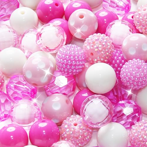 48 Pcs 20mm Beads for Pens Rhinestone Bubblegum Beads Mixed Crystal Acrylic Round Chunky Bead Sparkly Craft Large Balls Bead for Pen Beadable Keychain Bracelet Necklace DIY Jewelry Making Supplies - color: Pink series