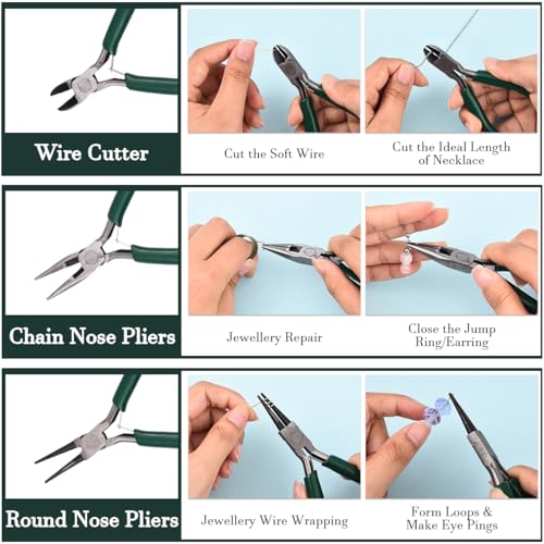 Pliers for Jewelry Making, Jewelry Pliers Set Includes Needle Nose Pliers, Round Nose Plier and Wire Cutters, Jewelry Making Tools for Jewelry Repair, Wire Wrapping, Beading and Crafts - color: Dark Green