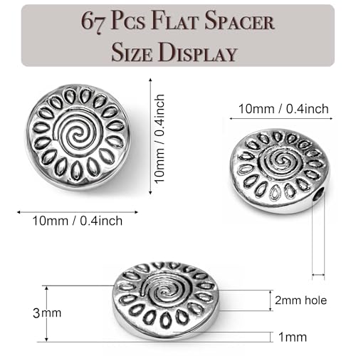 Tibetan Silver Spacer Beads 10mm Flat Round – 67pcs Metal Spacer Beads for Jewelry Making, Bracelets, Necklaces & Earrings DIY Supplies, Antique Silver Zinc Alloy - color: Silver Round