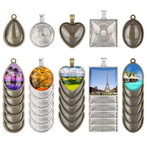 60 Pieces 5 Styles Pendant Trays 30pcs Round & Square & Heart & Teardrop & Oval and 30pcs Bright Glass Cabochon Dome Tiles for Crafting DIY Jewelry Gift Making - color: 30Pcs Metal Pendant+30pcs Bright Glass Cabochon