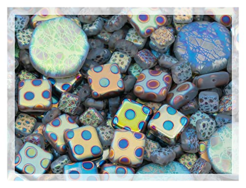 1.75 oz (50g) Mix of Unique Czech Bohemia Glass Pressed Beads, Light Blue AB Sliperit, Patterned, Matte and Glossy, Hand Made BCV - color: FAN Mix Light Blue AB Sliperit