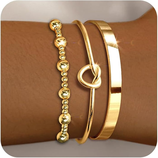 Gold Bracelets for Women 18k Gold Plated Bracelet Stack Bangle Cuff Bracelet Set for Women Non Tarnish Beaded/Paperclip/Cuban Link Chain Bracelets Jewelry for Women Trendy