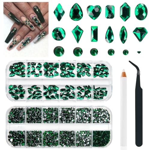 qiipii 4080Pcs Emerald Green Nail Rhinestones K9 Glass Crystal Flat Back Rhinestones Nail Charms Stones Multi Shapes Big Gems Round Beads Nail Art Diamonds jewels for Nails Face Eyes Makeup Crafts DIY - color: Emerald Green, size: A Set