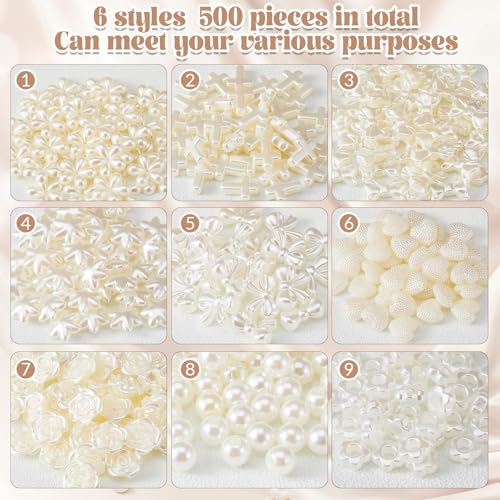 Juexica 500 Pcs ABS Imitation Pearl Beads Star Heart Bowknot Circle Flower White Aesthetic Beads for Jewelry Making Bracelets Necklaces Earrings Key Chains Accessories DIY Crafts(Elegant Style) - color: Elegant Style