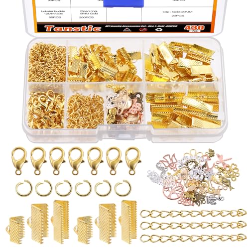 Tanstic 430Pcs Gold Ribbon Ends Fastener Clasps Kit, Bookmark Pinch Crimp Ends with Open Jump Rings, Lobster Claw Clasps, Chain Extenders and Pendant Charms for DIY Crafts - color: Gold Ribbon Ends