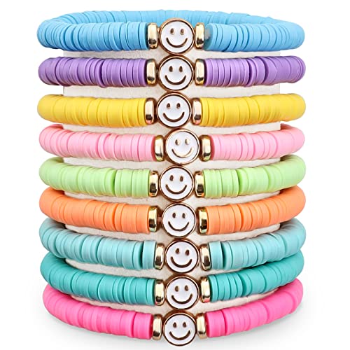 JIASHUYEYE Preppy Bracelets for Teen Girls - Stackable Boho Surfer Friendship Bracelets Set for Little Girls & Women - style: 9Pcs - Smiley Face A