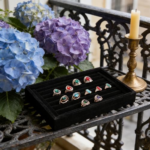 Tinsow Black Stackable 7 Slots Jewelry Rings Earrings Tray Velvet Showcase Display Organizer (Black) - color: Black