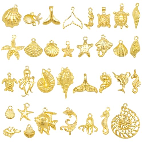 Julie Wang 90PCS Alloy Ocean Pendants Antique Silver Gold Tone Mermaid Tail Seahorses Shell Starfish Mixed Sea Charms for Necklace, Bracelet Summer Beach Jewelry Nautical Themed Craft Supplies - color: Gold Tone
