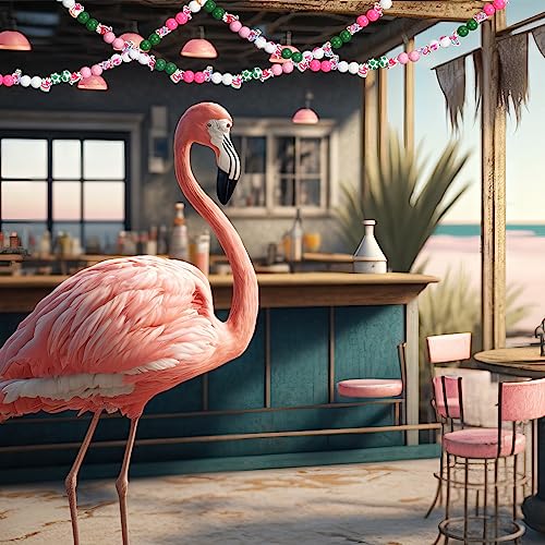 Tradder 200 Pcs Summer Flamingo Beach Beads Set Tropical Round Wood Charms with Swim Rings, Surfboards, Palm Leaves for DIY Jewelry, Pool Party Favors, Hawaiian Crafts & Home Decor - style: Flamingo