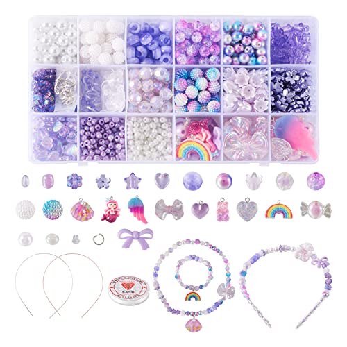 Spritewelry 876Pcs Assorted Acrylic Beads Purple Acrylic Beads Candy Shell Rainbow Mermaid Star Heart Bowknot Beads Bulk Kawaii Aesthetic Beads for Bracelet Necklace Hair Band Jewelry Making - color: Purple
