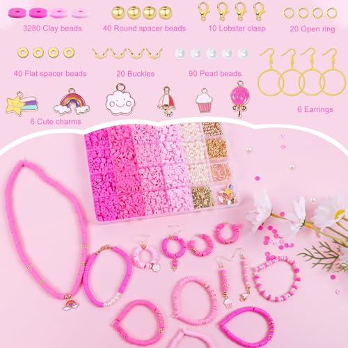 Wuollgess 3500PCS Pink Clay Beads for Bracelet Making Kit, Heishi Beads for Jewelry Making, Friendship Bracelet Kit, Spacer Beads for Adult Necklace Earring DIY - color: Pink